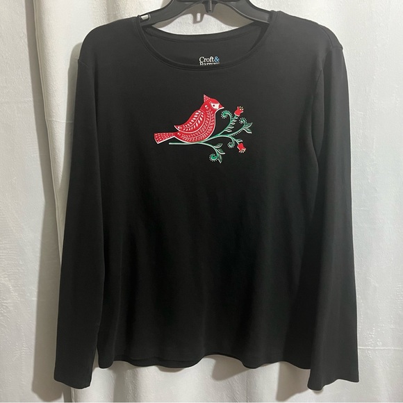 Croft & Barrow‎ The Classic Tee Glittery Cardinal/Flower/Jewel Decor Size Large - Picture 1 of 5